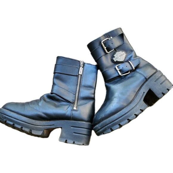 Harley-Davidson Y2K Leather  Heel Double Buckle Moto Boots Women size 6.5 - Picture 1 of 10